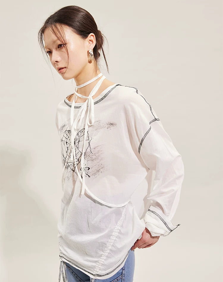 Hand-Drawn Rabbit Print Long Sleeve T-Shirt