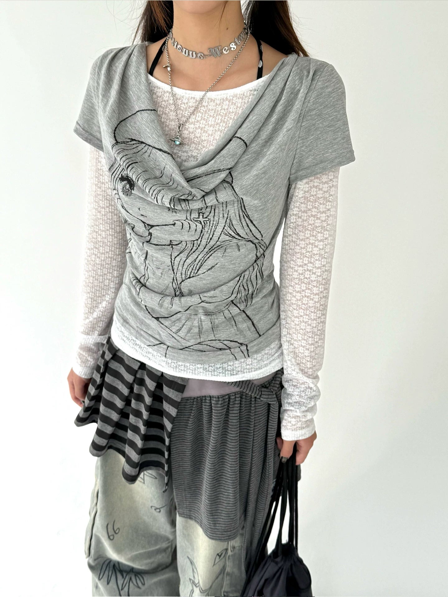 Fake Layered Draped Print Long Sleeve T-Shirt