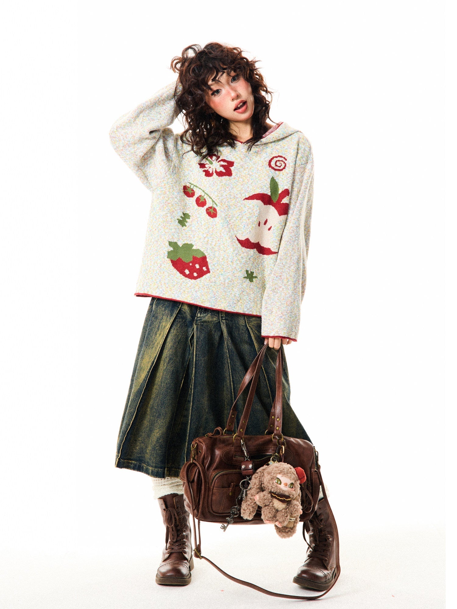 Fruit Pattern Knit Oversize Hoodie