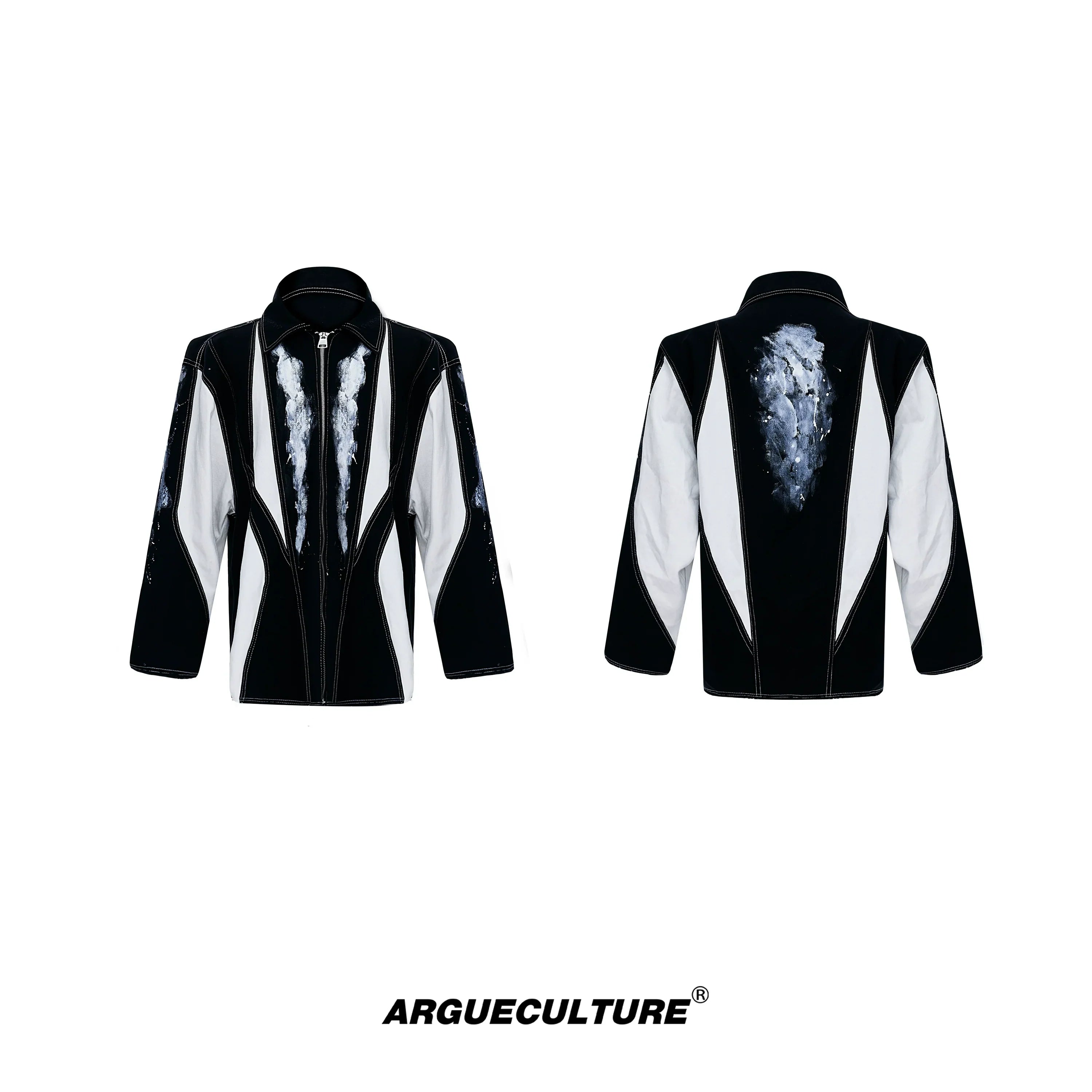 Contrasting Ink Dye Shoulder Pad Patchwork Zipper Jacket