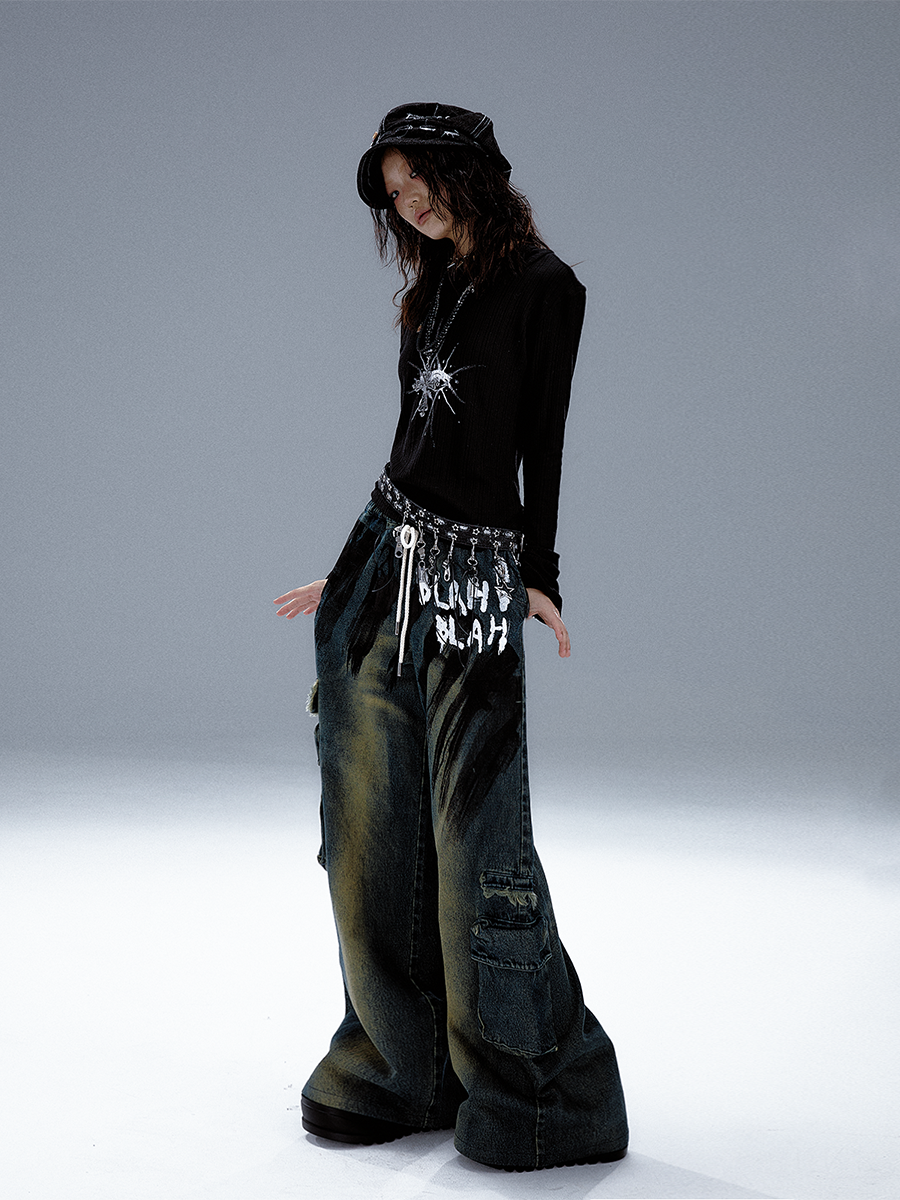 Washed Graffiti Wide-Leg Straight Dnim Jeans