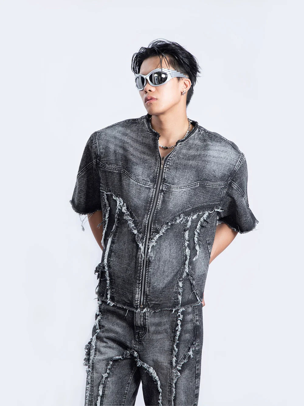 Damage Fringe Short-sleeve Denim Jacket & Micro Flare Denim Jeans Setup