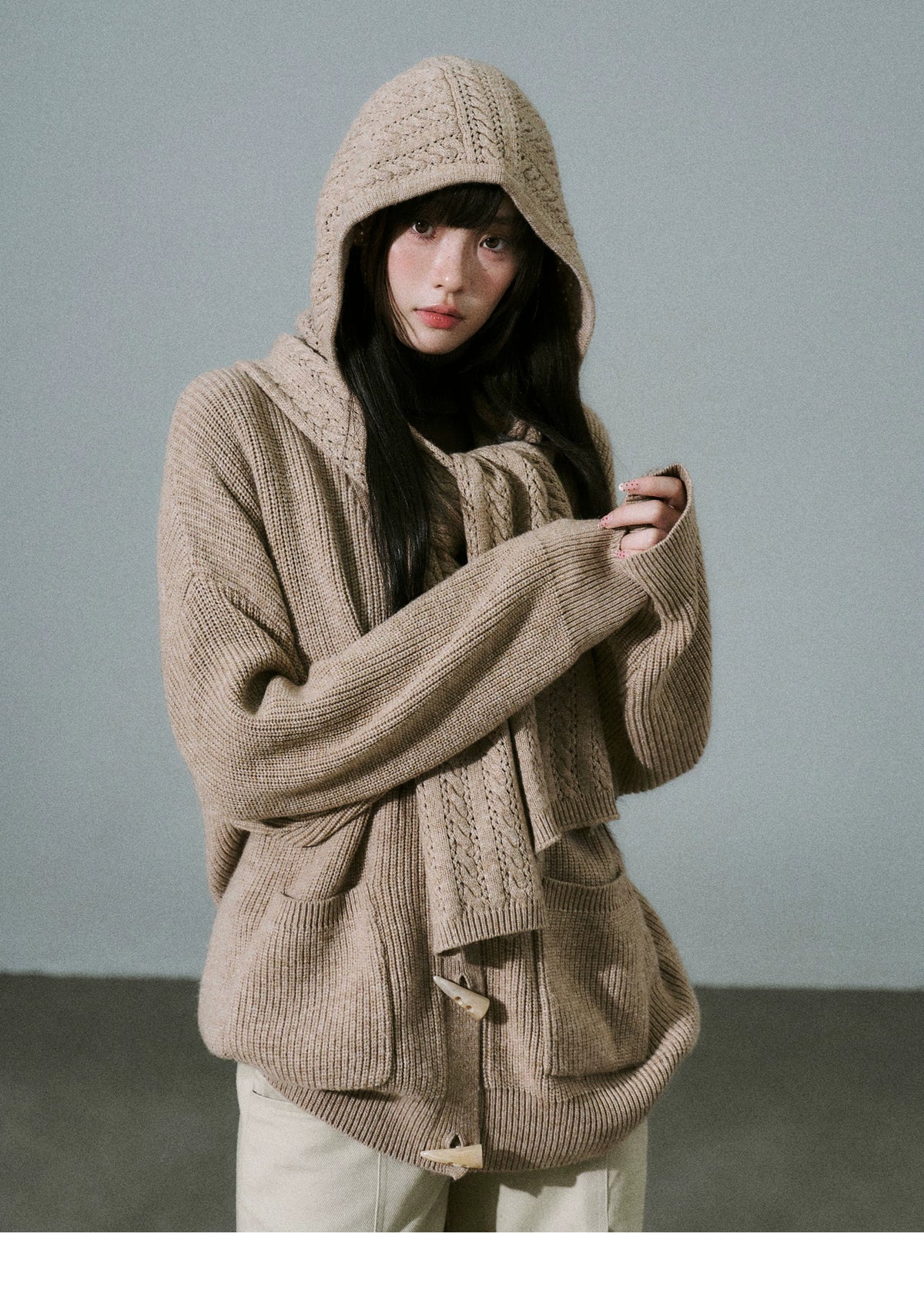 Hooded Horn Button Fleece Lining Knit Cardigan