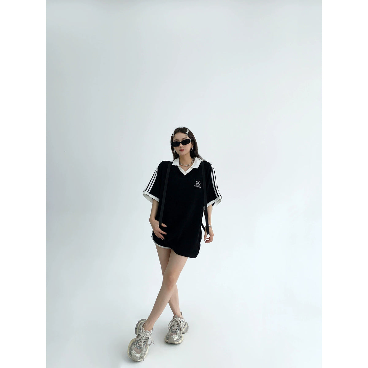 Oversize V-Neck Short Sleeve Polo Shirt
