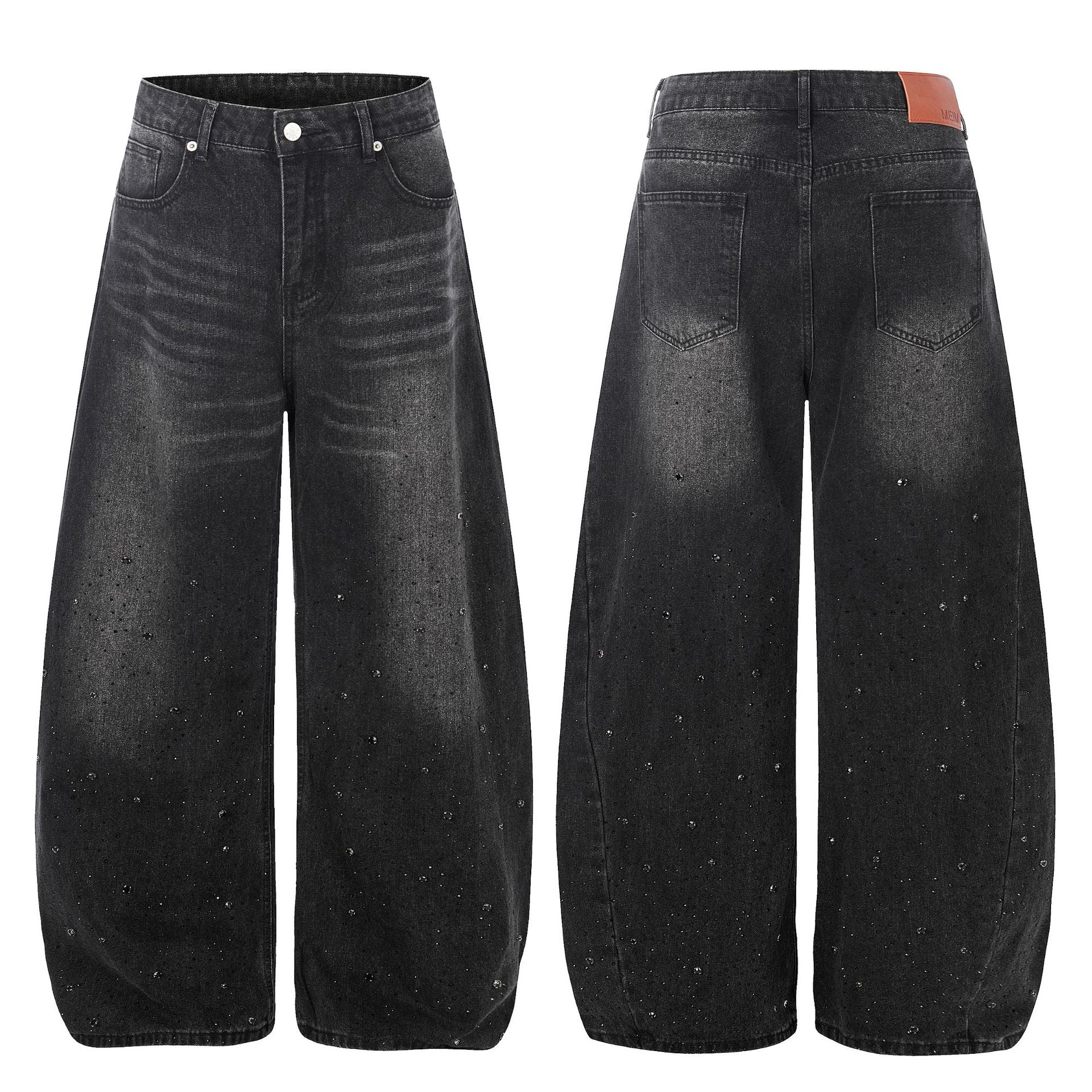 Washed Rhinestone Barrel Denim Jeans