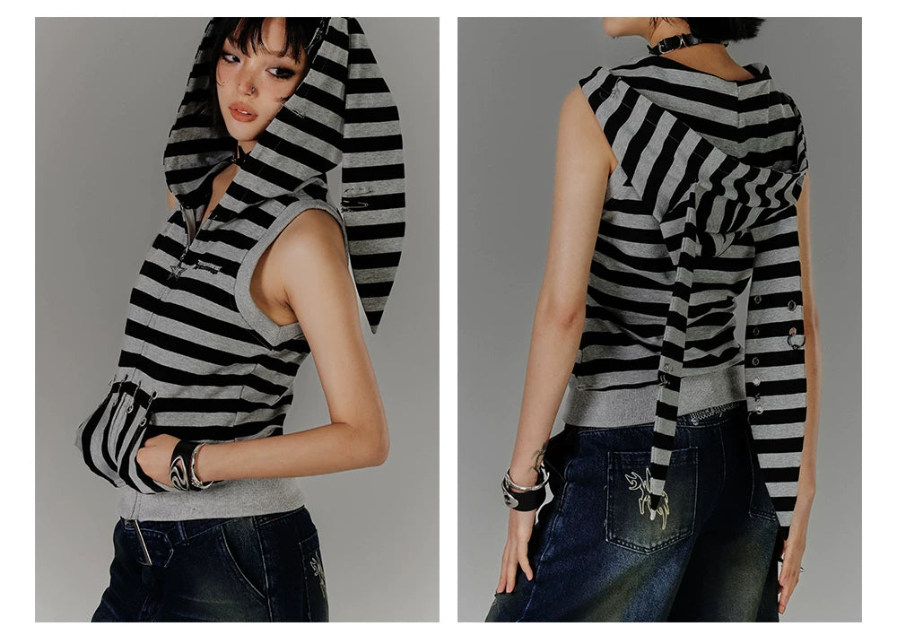 Stripe Zipper Hooded Sleeveless T-Shirt