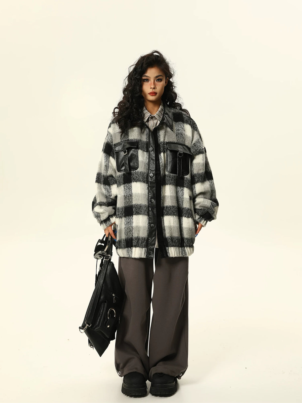 PU Leather Mix Woolen Plaid Jacket