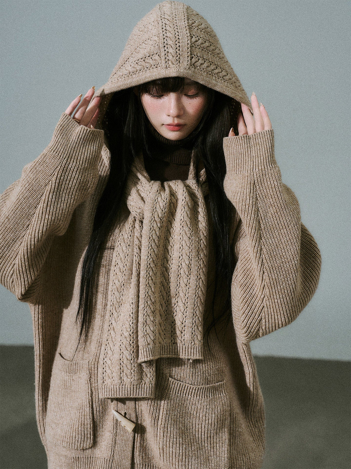 Hooded Horn Button Fleece Lining Knit Cardigan