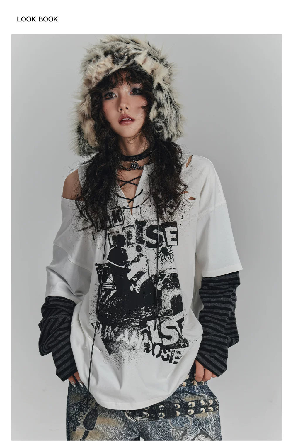 Fake Layered Drawstring V-Neck Long Sleeve T-Shirt
