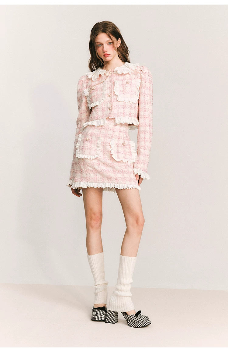 Lace Plaid Cropped Jacket & Short Lace Skirt Setup