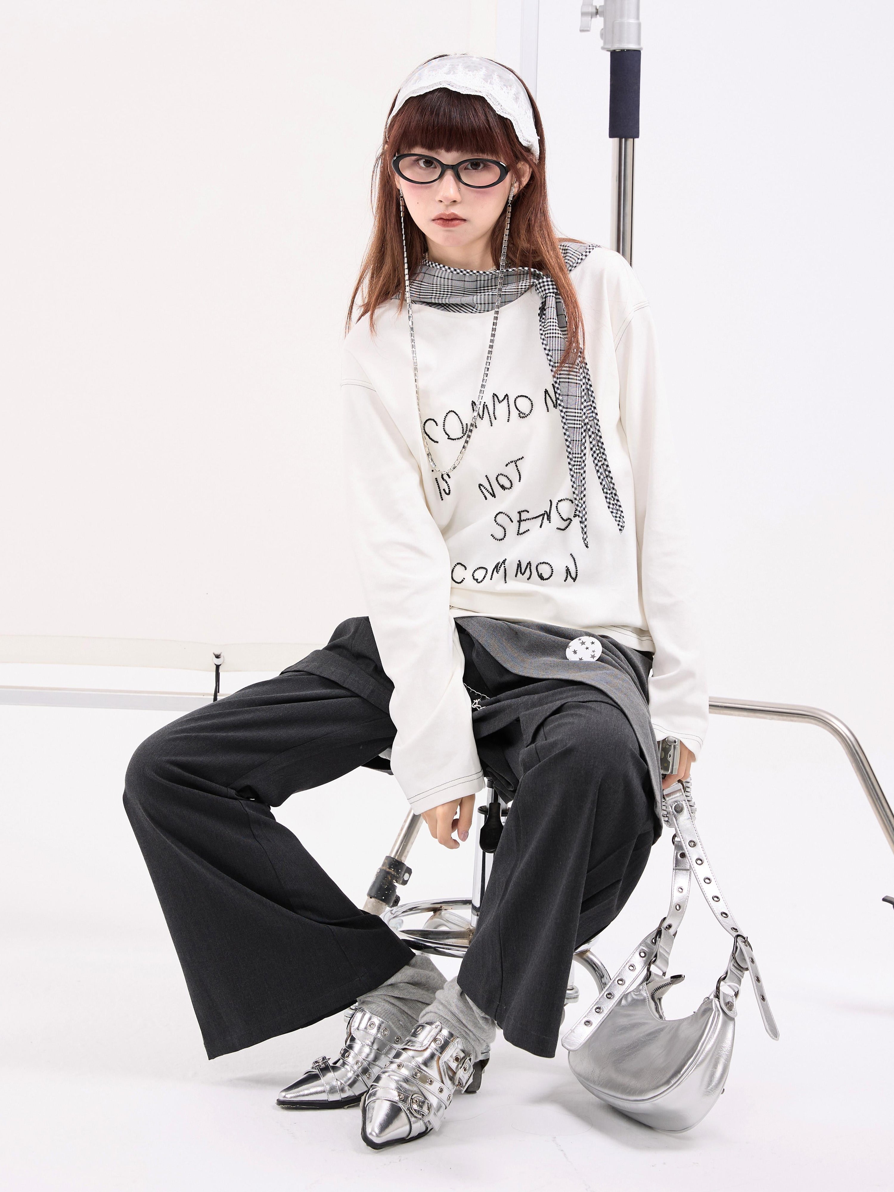 Beaded Letter Embroidery Plaid Hooded Oversize Long Sleeve T-Shirt