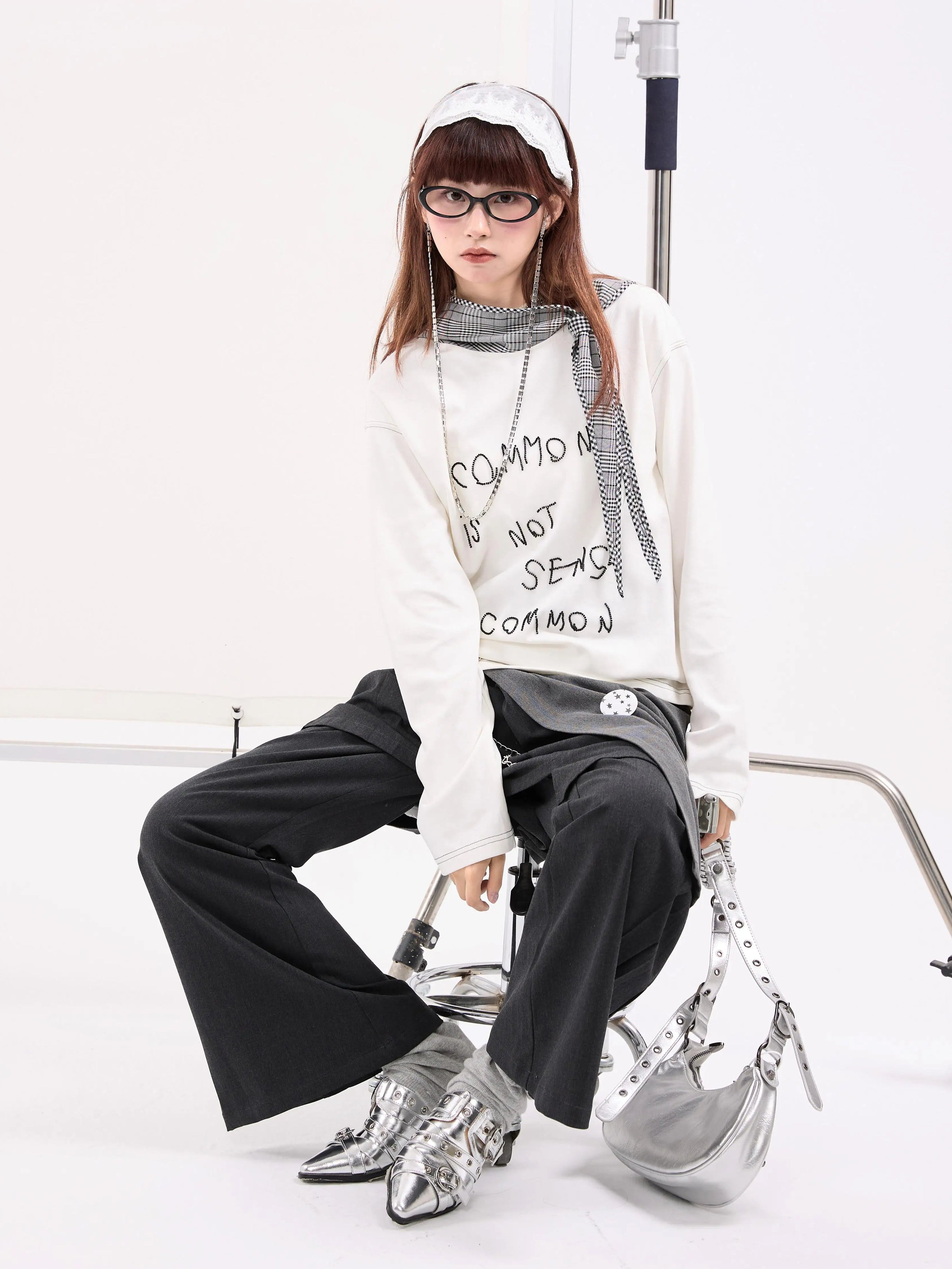 Beaded Letter Embroidery Plaid Hooded Oversize Long Sleeve T-Shirt