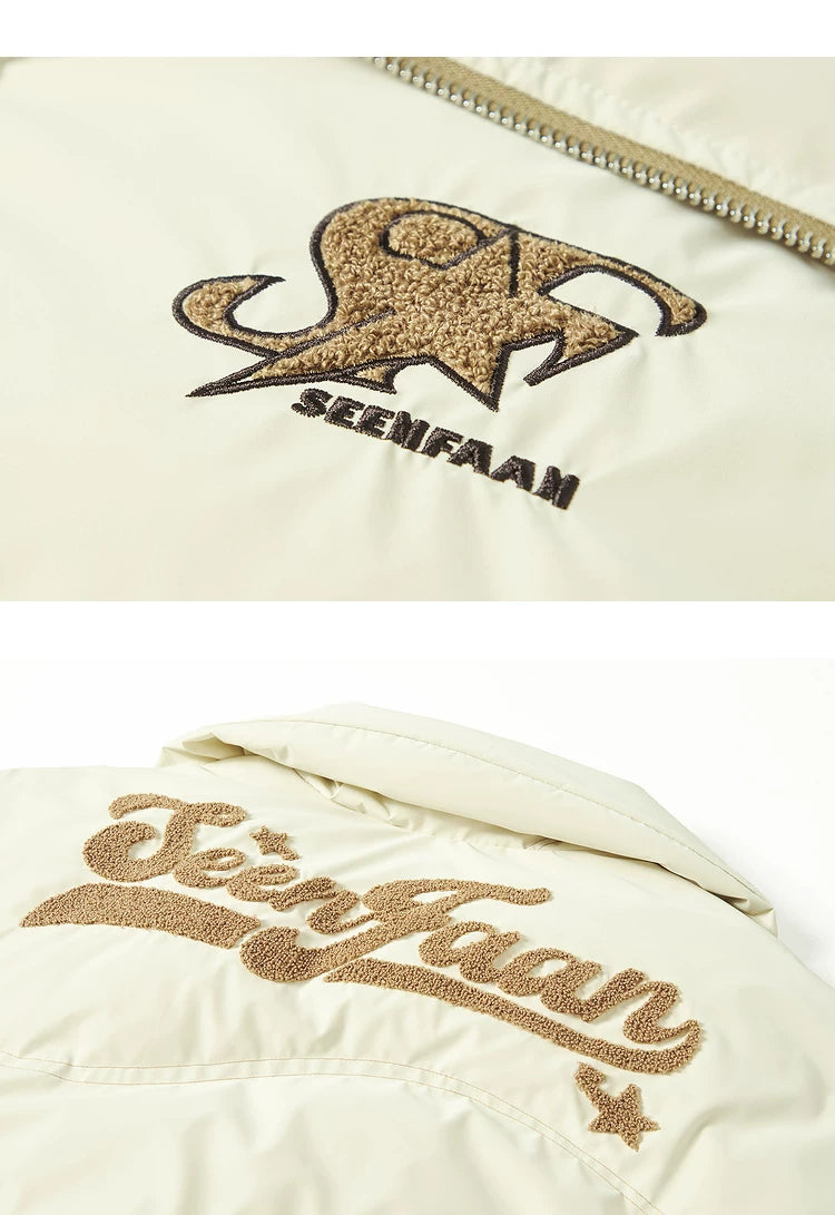 Letter Print High-Neck Short White Duck Down Jacket
