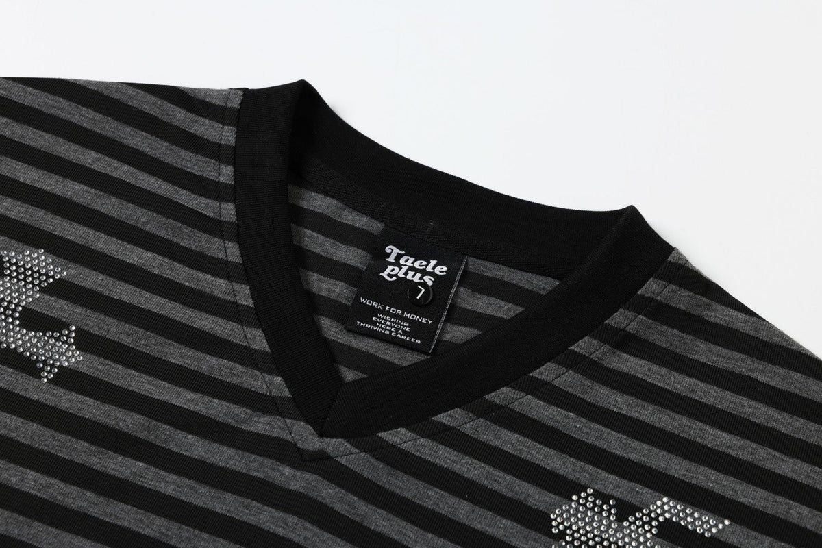Stripe Cross Rhinestone Short Sleeve T-Shirt