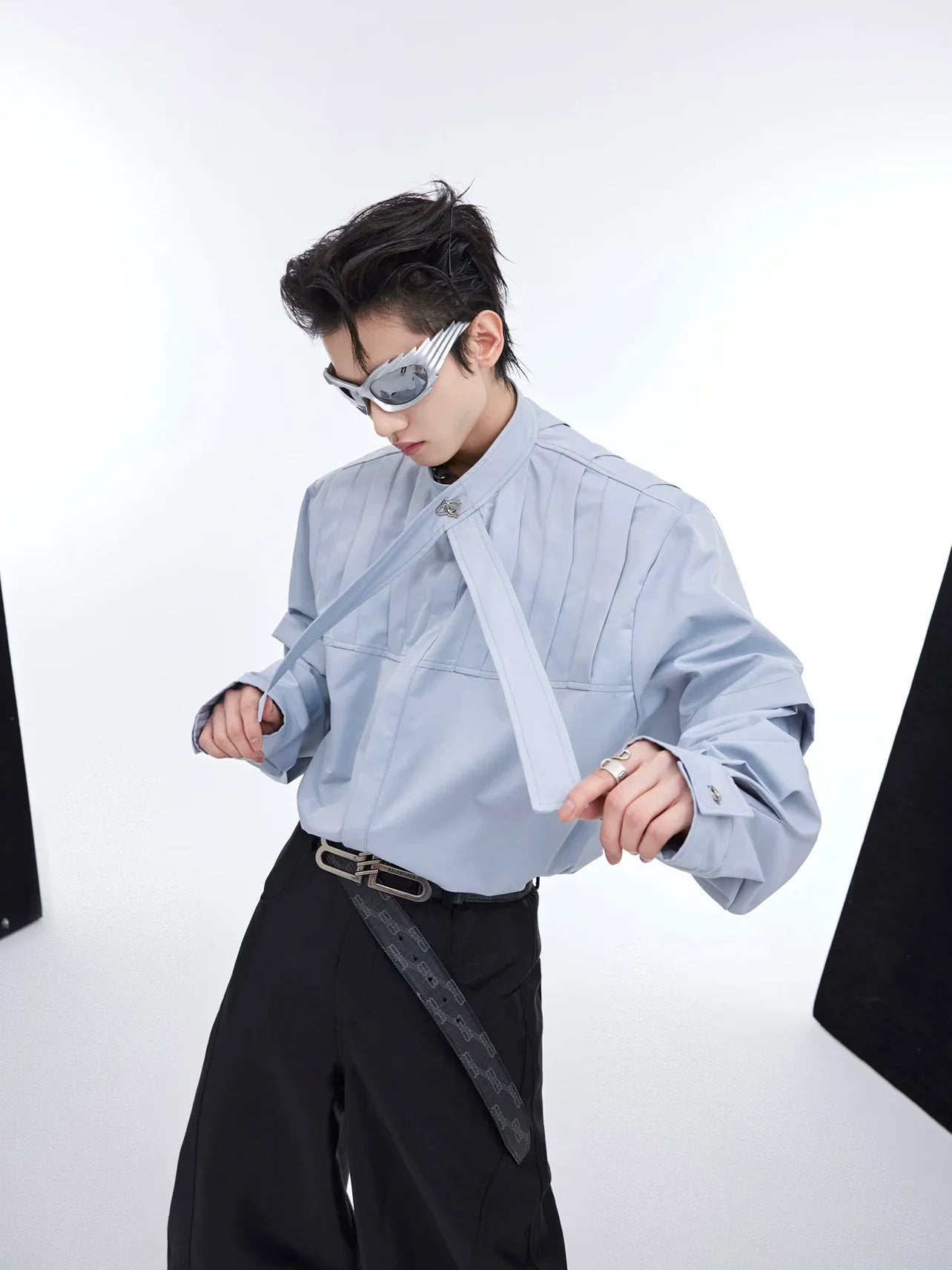Ribbon Design Pleat Oversize Long Sleeve Shirt
