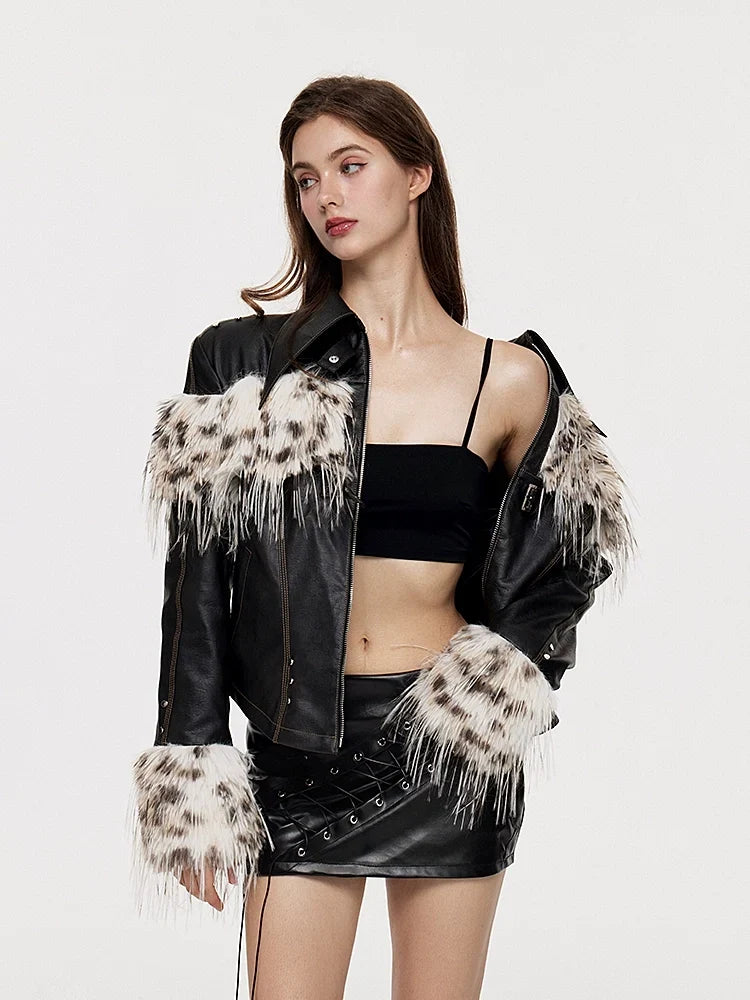 Fake Fur Patchwork Lined Thick PU Leather Jacket