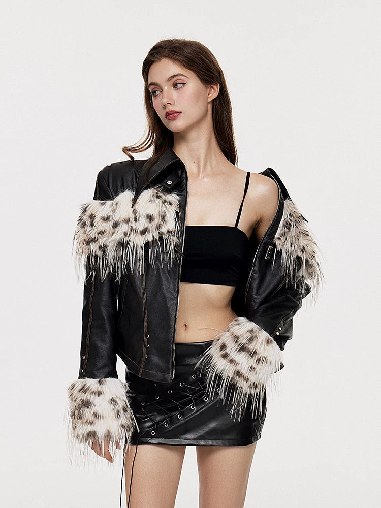 Fake Fur Patchwork Lined Thick PU Leather Jacket