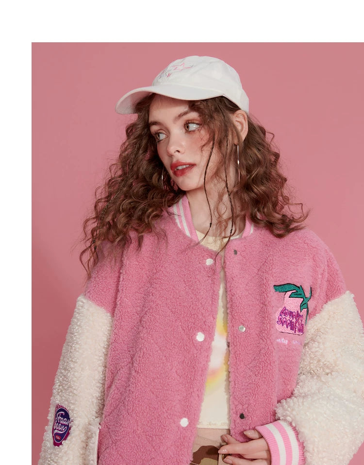 Colorblock Embroidery Fleece-Lined Baseball Jacket