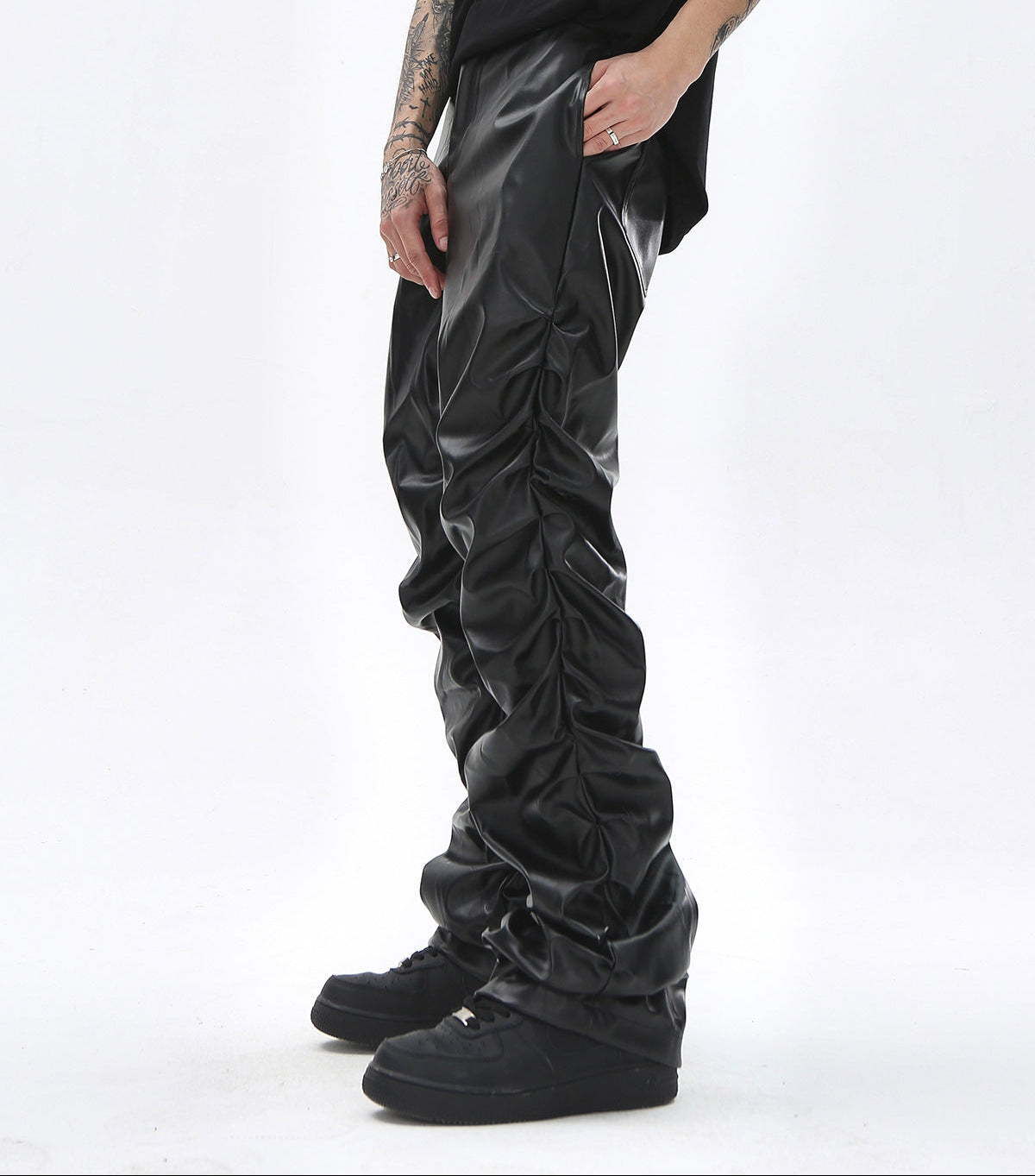 PU Leather Pleats Straight Pants
