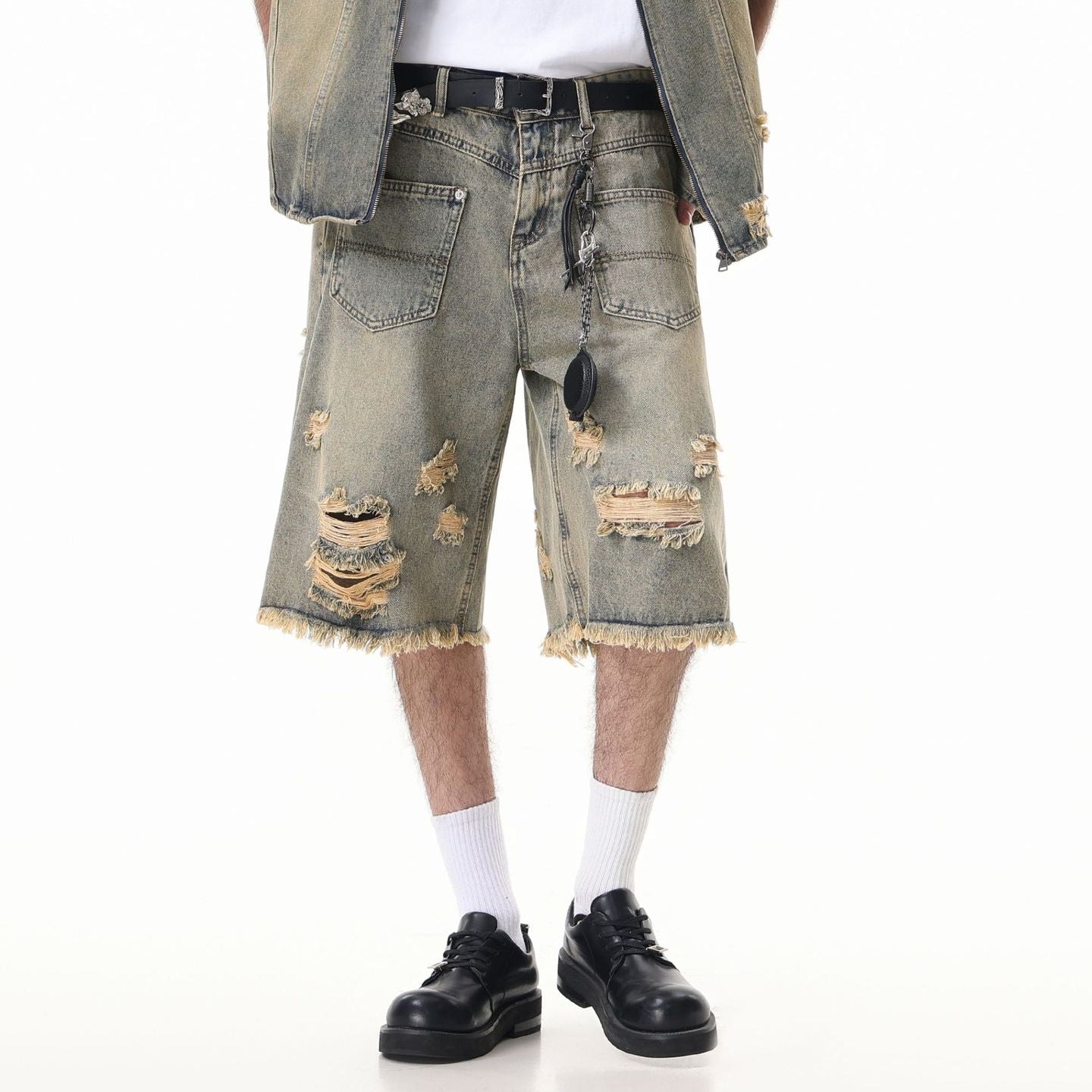 Washed Damage Wide Leg Denim Short Pants