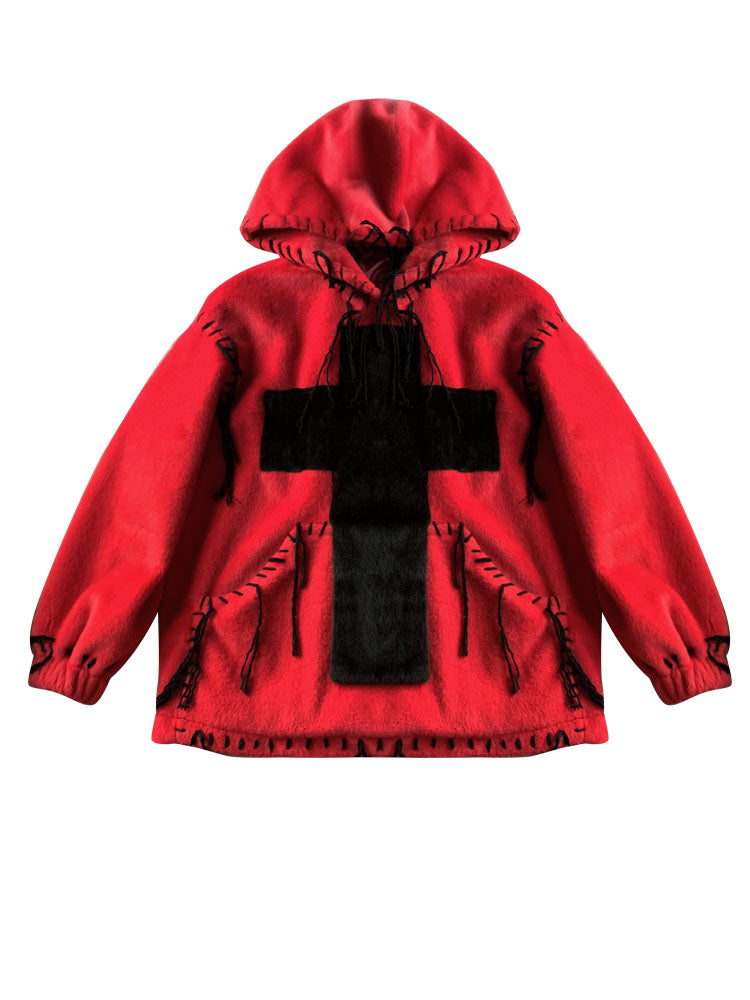 Fake Fur Hooded Cross Detail Hoodie