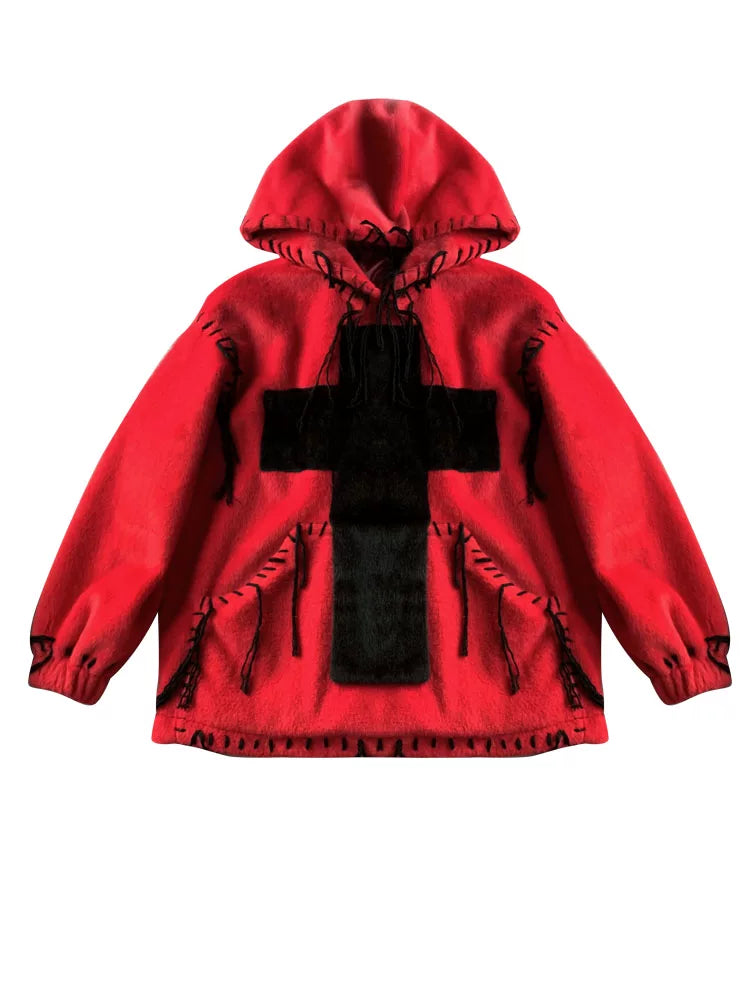 Fake Fur Hooded Cross Detail Hoodie