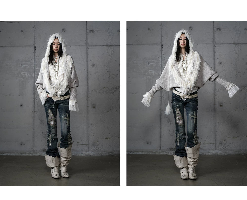 Fake Fur Trim Drawstring Oversize Knit Cardigan