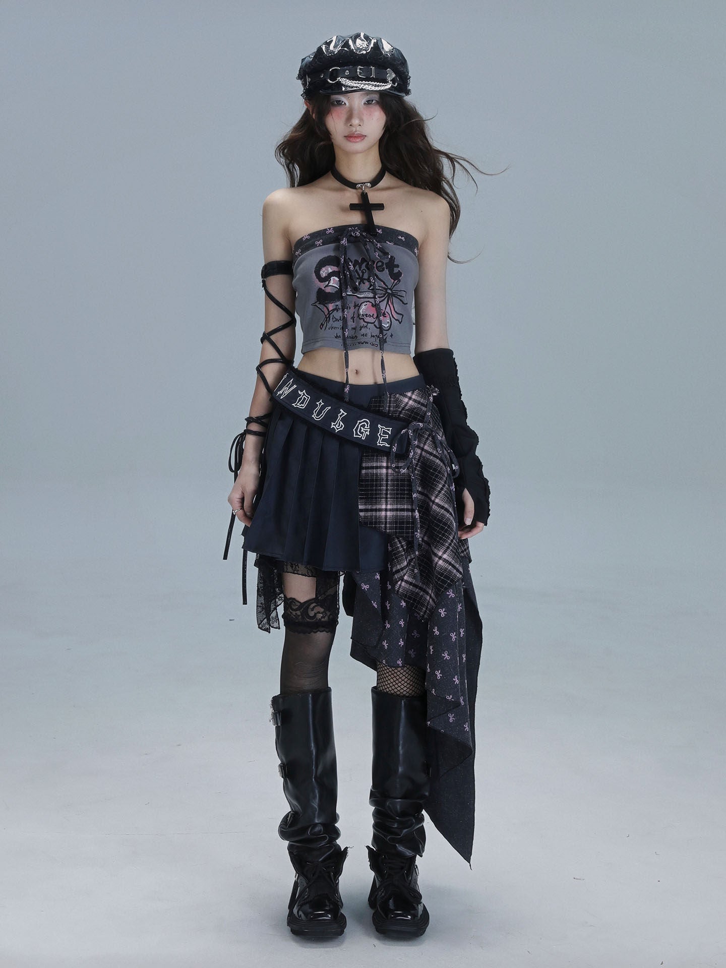 Plaid Patchwork Asymmetric Embroidery Skirt
