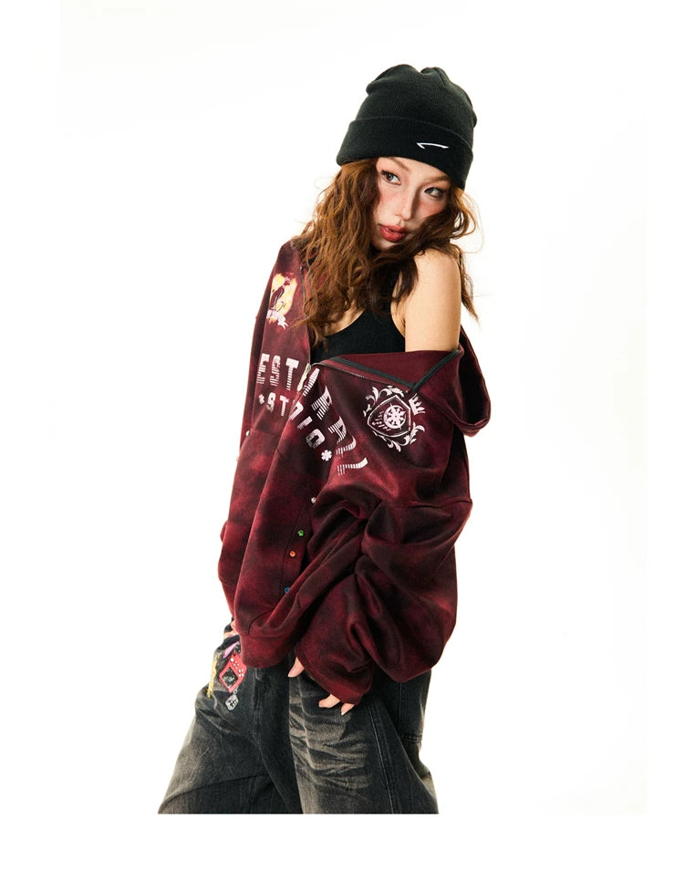 Tie-Dye Letter Print Oversize Zipper Hoodie