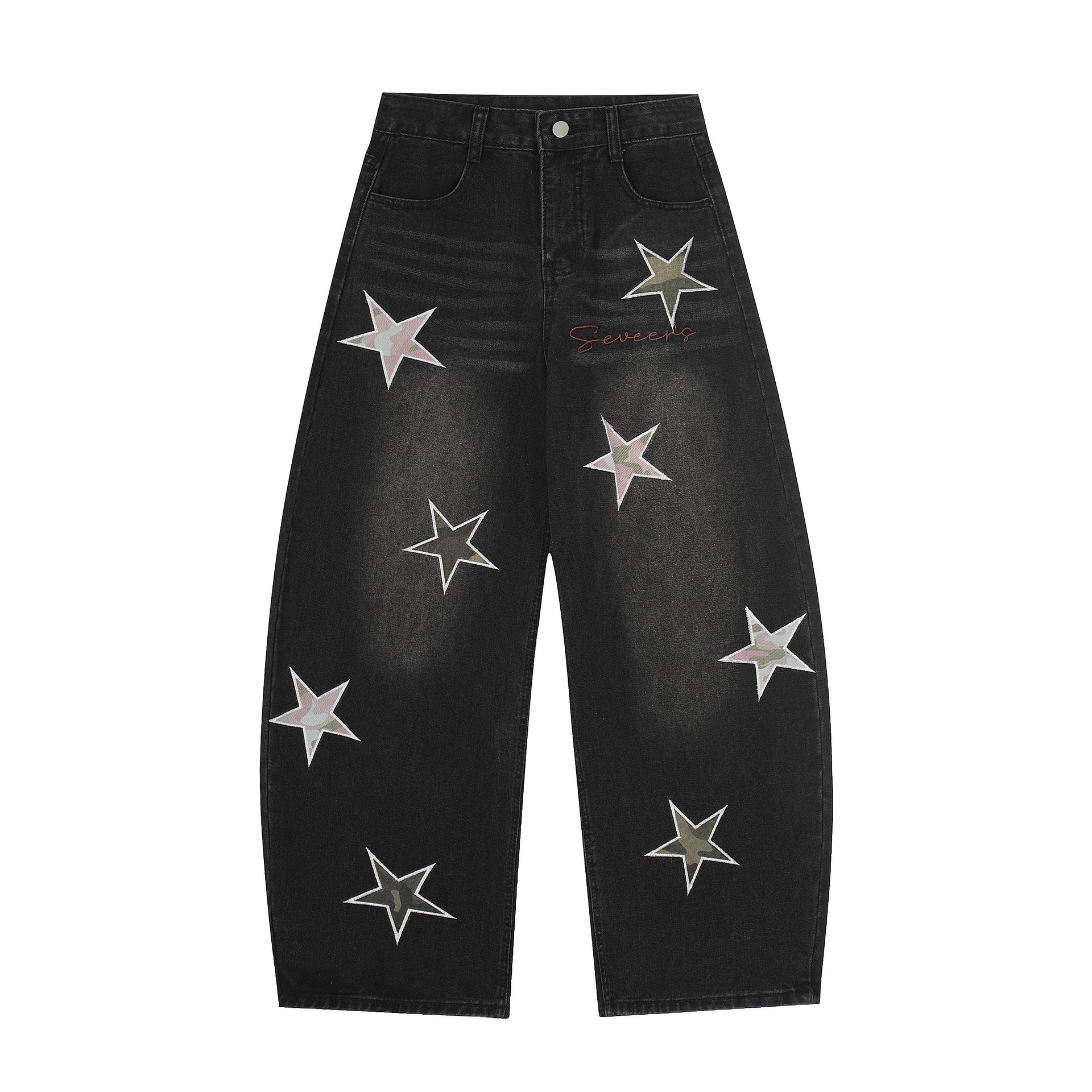 Washed Star Applique Wide Leg Denim Jeans