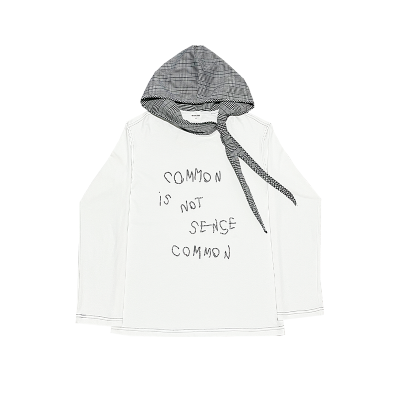Beaded Letter Embroidery Plaid Hooded Oversize Long Sleeve T-Shirt