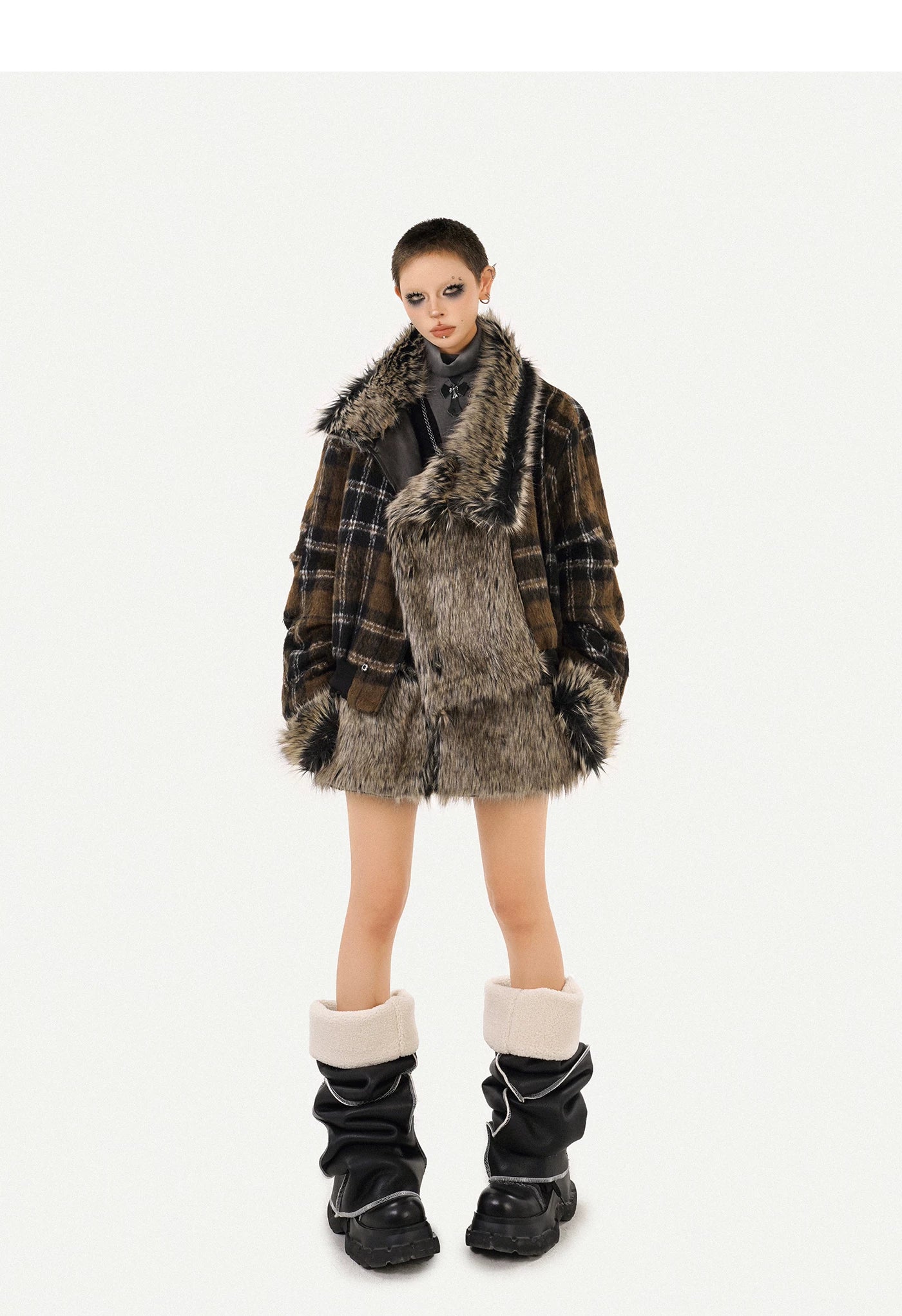 Reversible Fake Fur PU Leather Jacket & Skirt Setup