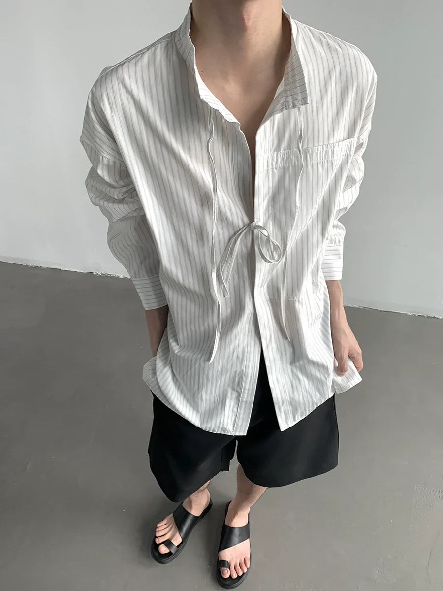 Drawstring Oversize Striped Long Sleeve Shirt