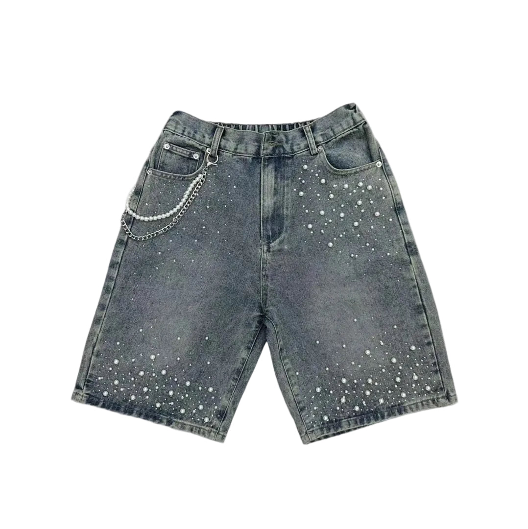 Wash Pearl Chain Short Denim Jeans