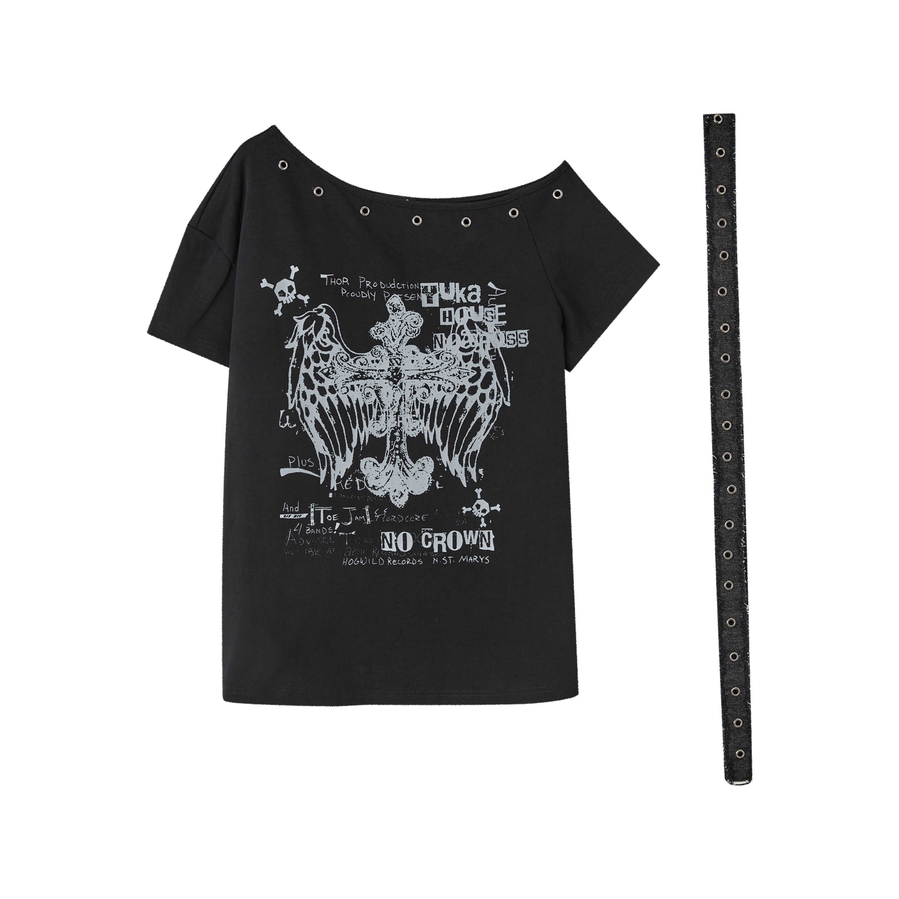 Off-Shoulder Eyelet Graphic Print Short Sleeve T-Shirt & Choker