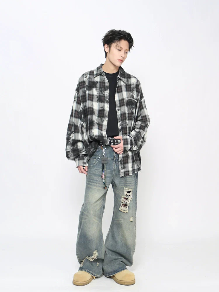 Tie-Dye Plaid Whisker Hem Long Sleeve Shirt