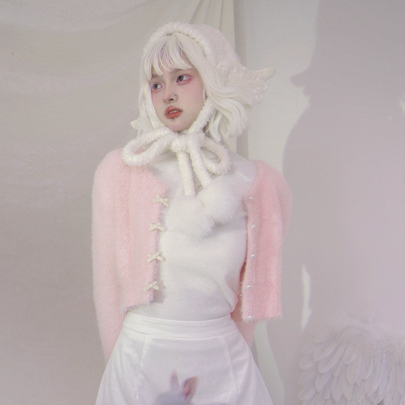 Pearl Bow Short Knit Cardigan