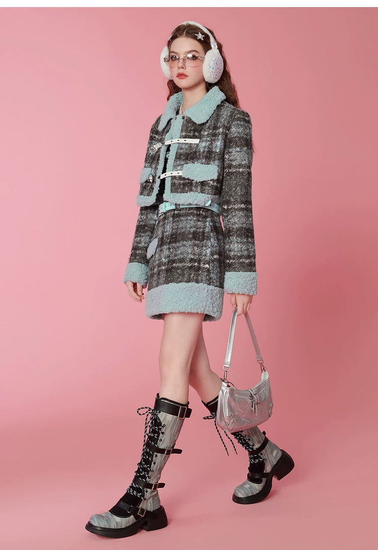 Fake Shearling Short Jacket & Pencil Skirt Setup
