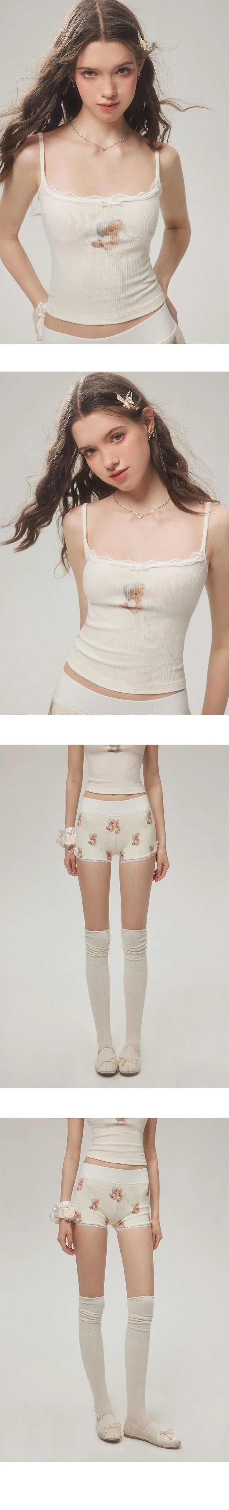 Conjunto de camisola corta con estampado de oso, camisola, shorts, pantalones micro flare y camiseta de manga corta