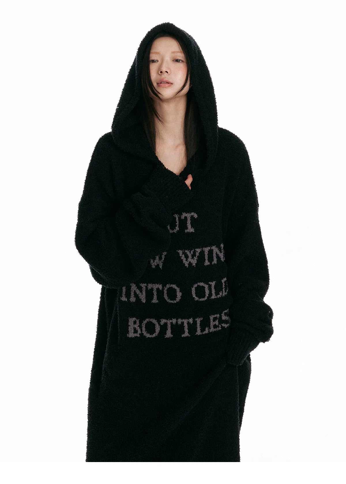 Fuzzy Hooded Knit Over-Knee Robe Dress