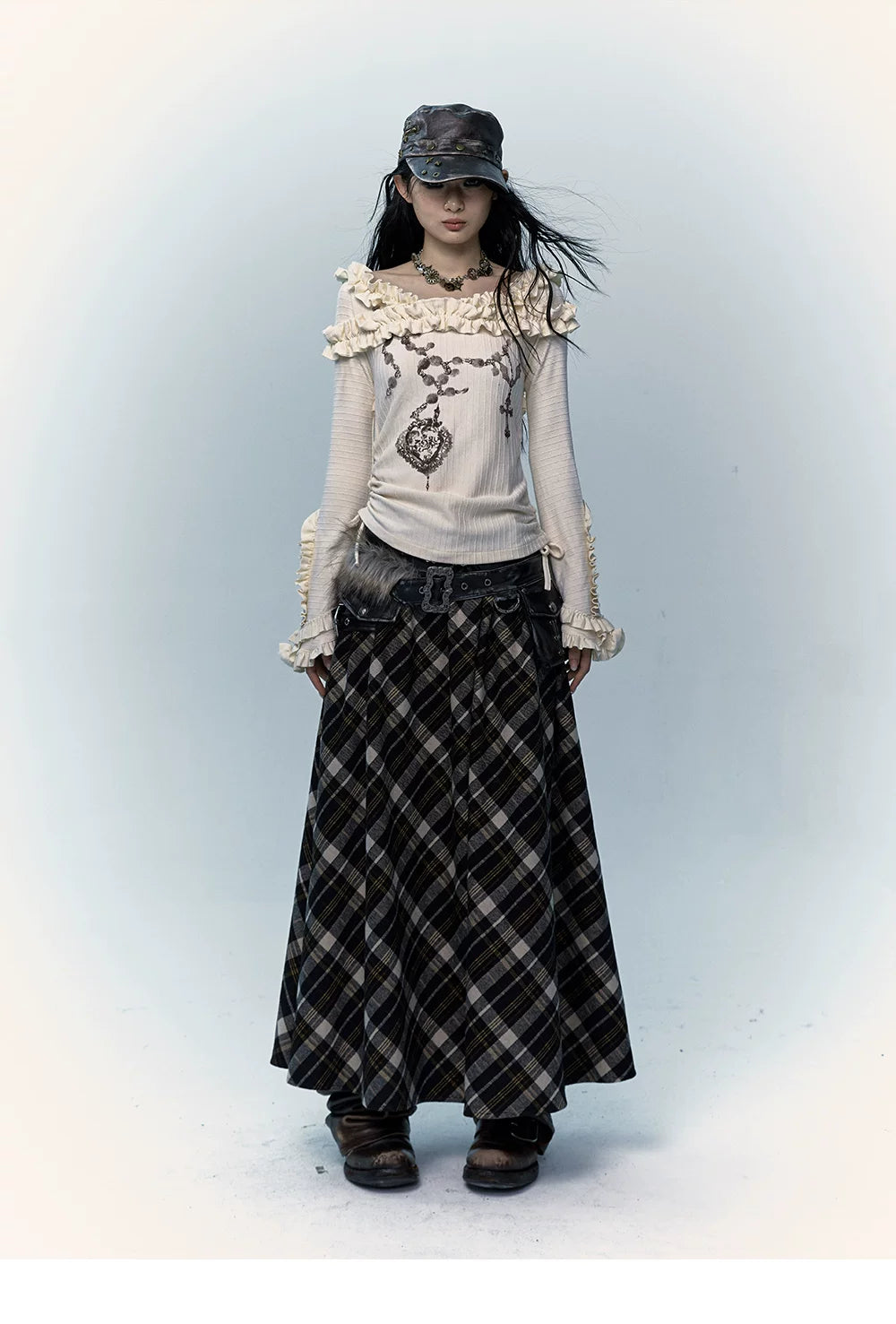 Ruffle Print Flare Sleeve Long Sleeve T-Shirt