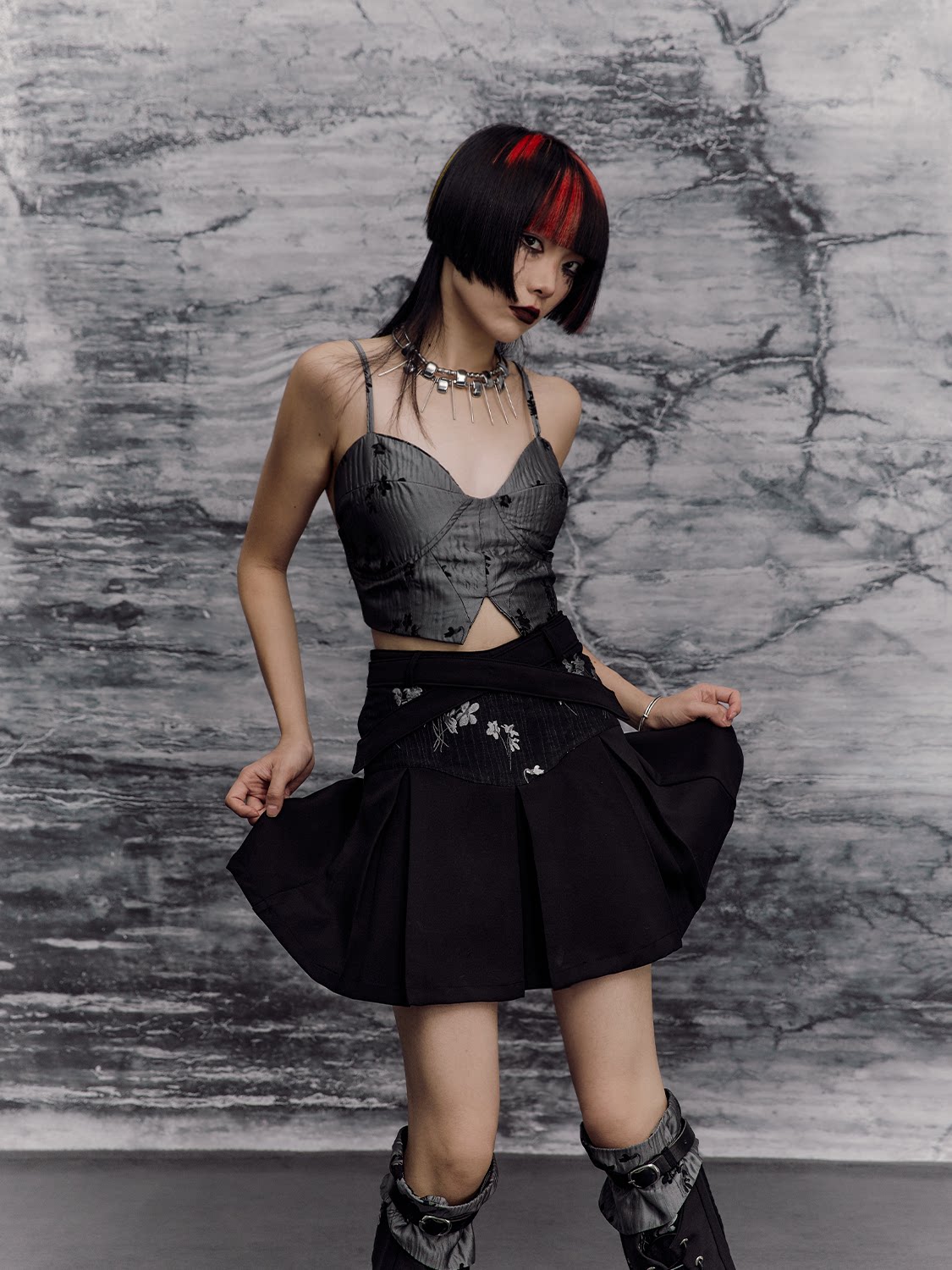Chinese Style A-Line Jacquard Pleats Short Skirt