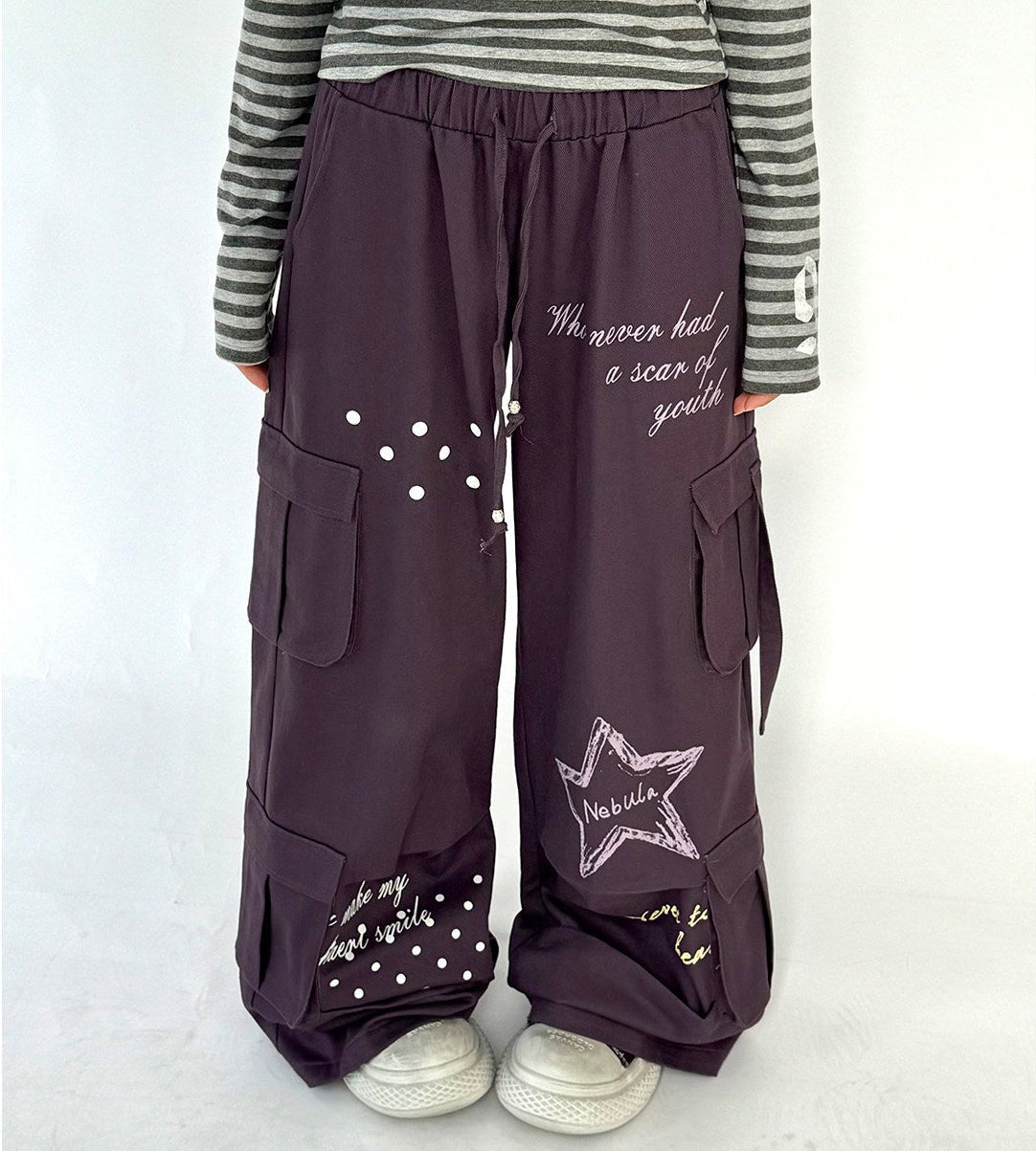 Multi-Pocket Polka Dot Straight Pants