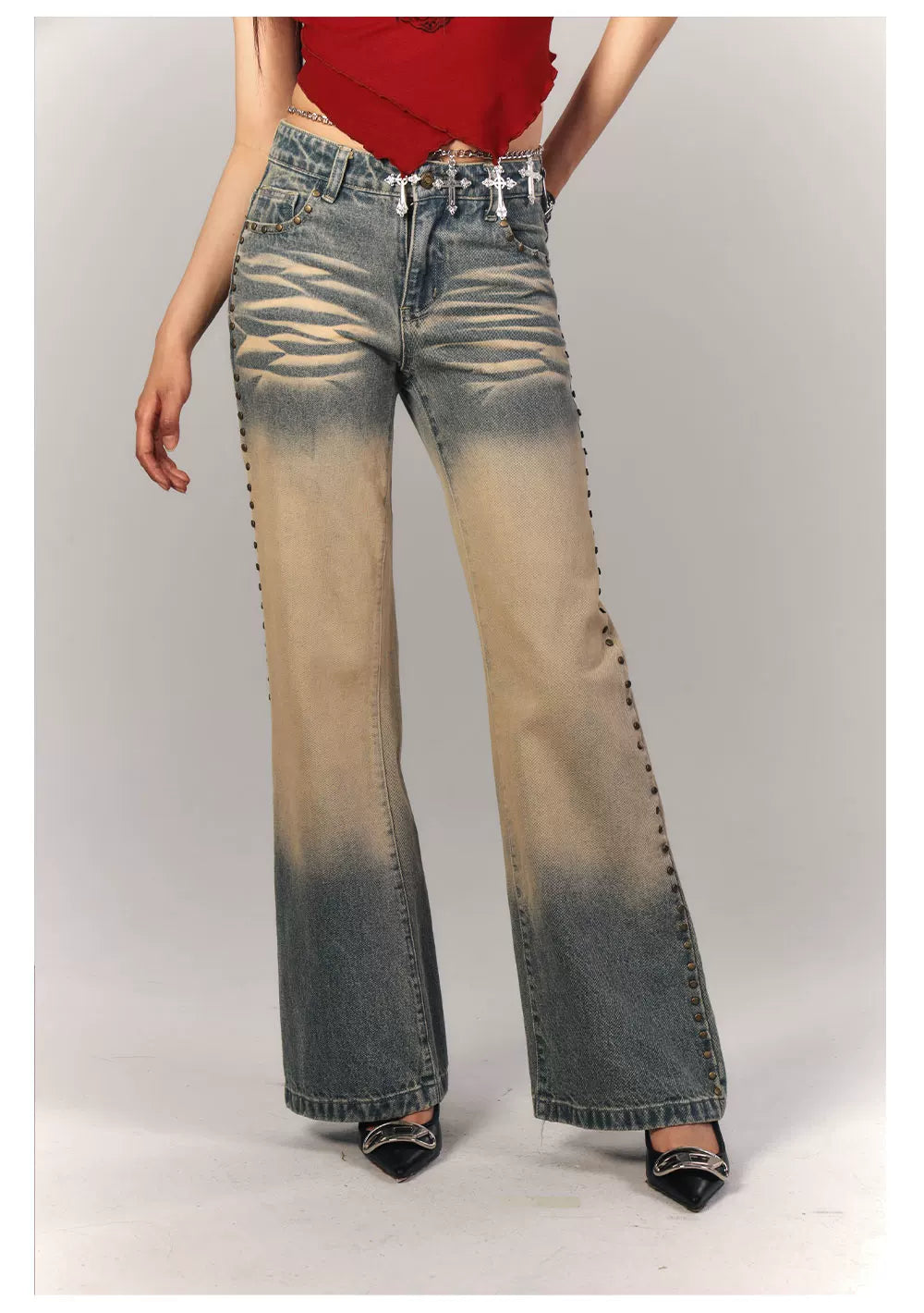 Washed Gradient Studs Detail Flare Denim Jeans