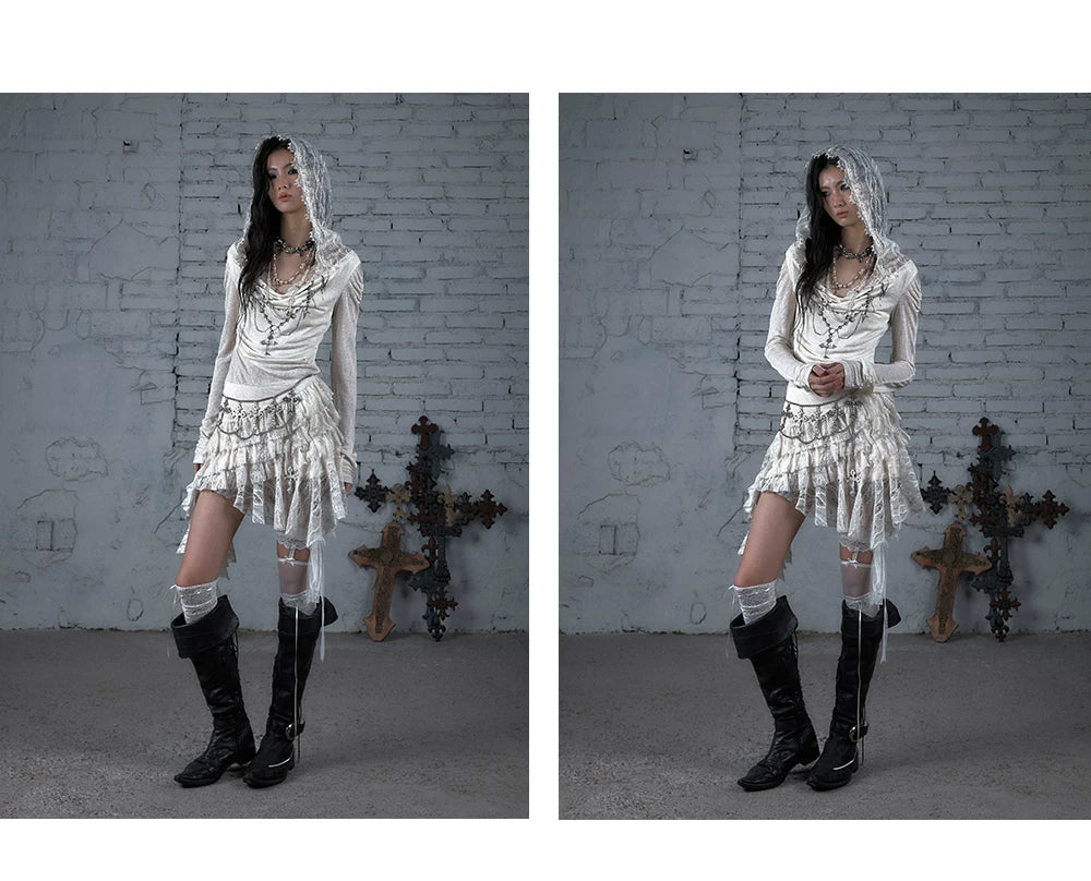 Lace Hooded Asymmetric Ruffle Dress