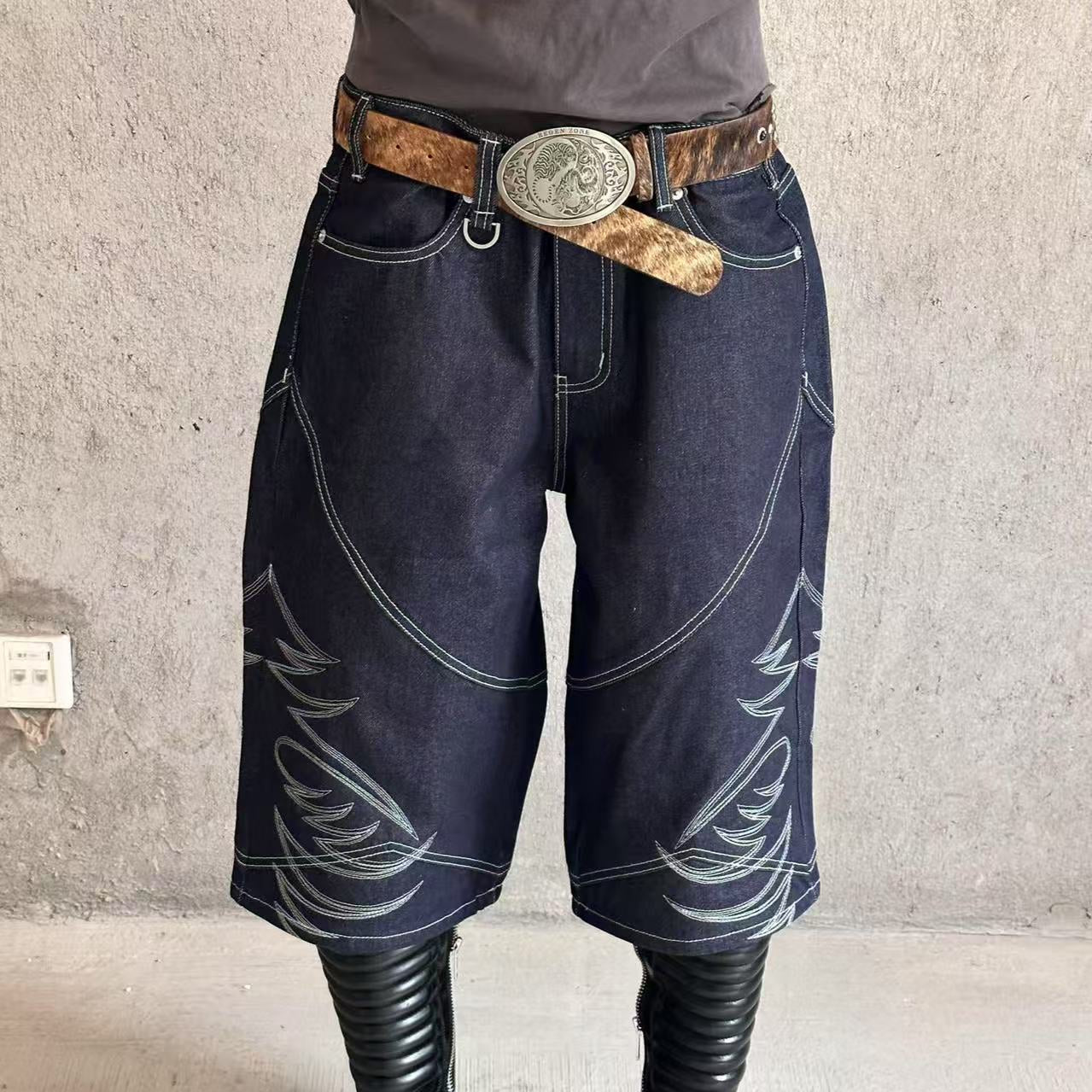 Embroidered Half Denim Jeans