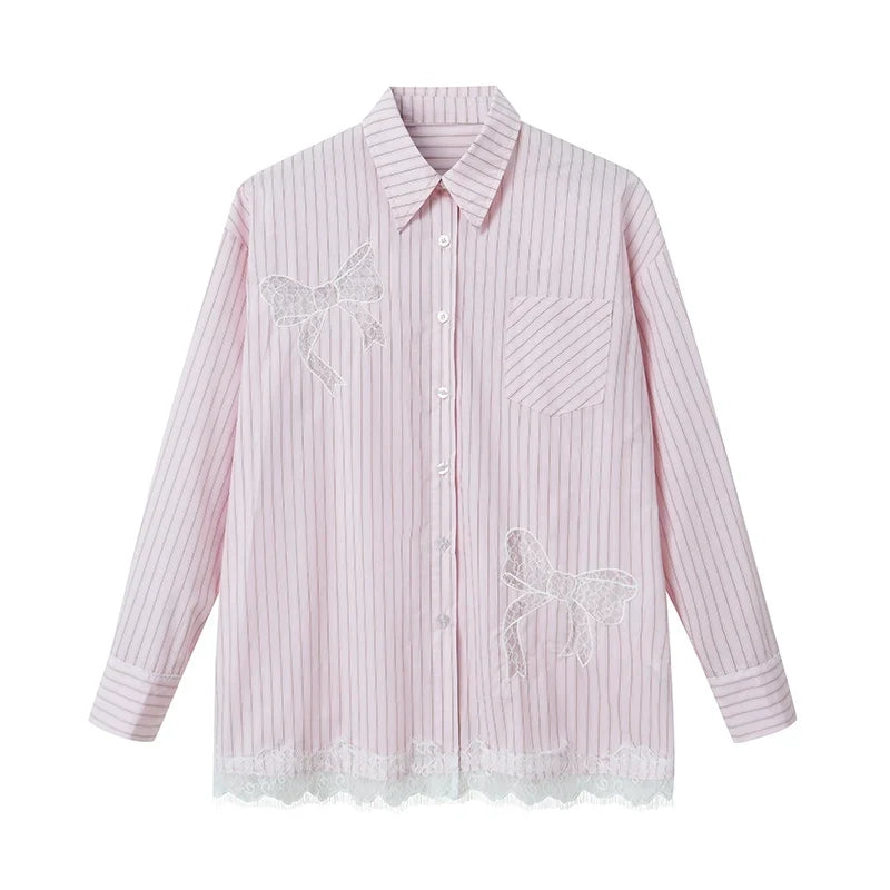 Stripe Lace Hollow Bow Long Sleeve Shirt