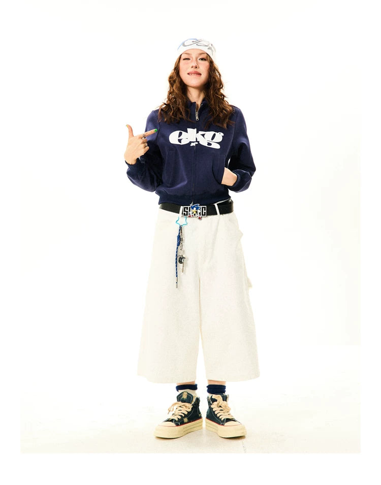 Letter Print Fitted Zipper Hoodie