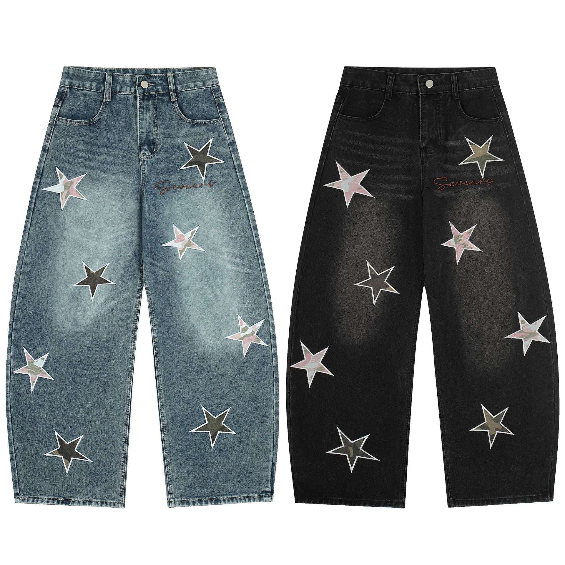 Washed Star Applique Wide Leg Denim Jeans