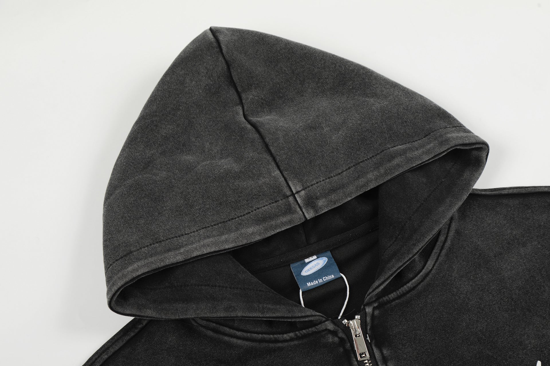 Washed Patch Logo Print Zipper Hoodie